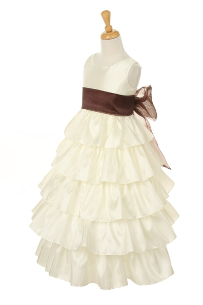ivory child tiered floor length dress with brown sash